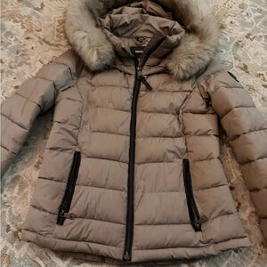 DKNY Women's Tan Puffer Jacket with Faux Fur Trim